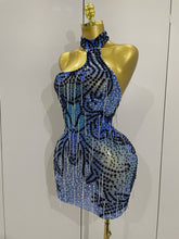 Sexy Sparkly Rhinestones Chains Blue Mesh Short Dress 2025 New Women Party Celebrate Birthday Dresses Photo Shoot Stage Wear